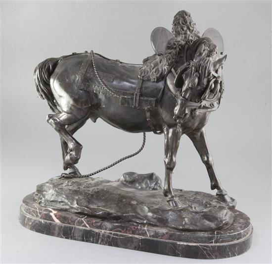 After Jean-Francois Theodore Gechter (1796-1844). A 19th century French animalier bronze model of a tethered horse, height 16.5in. leng